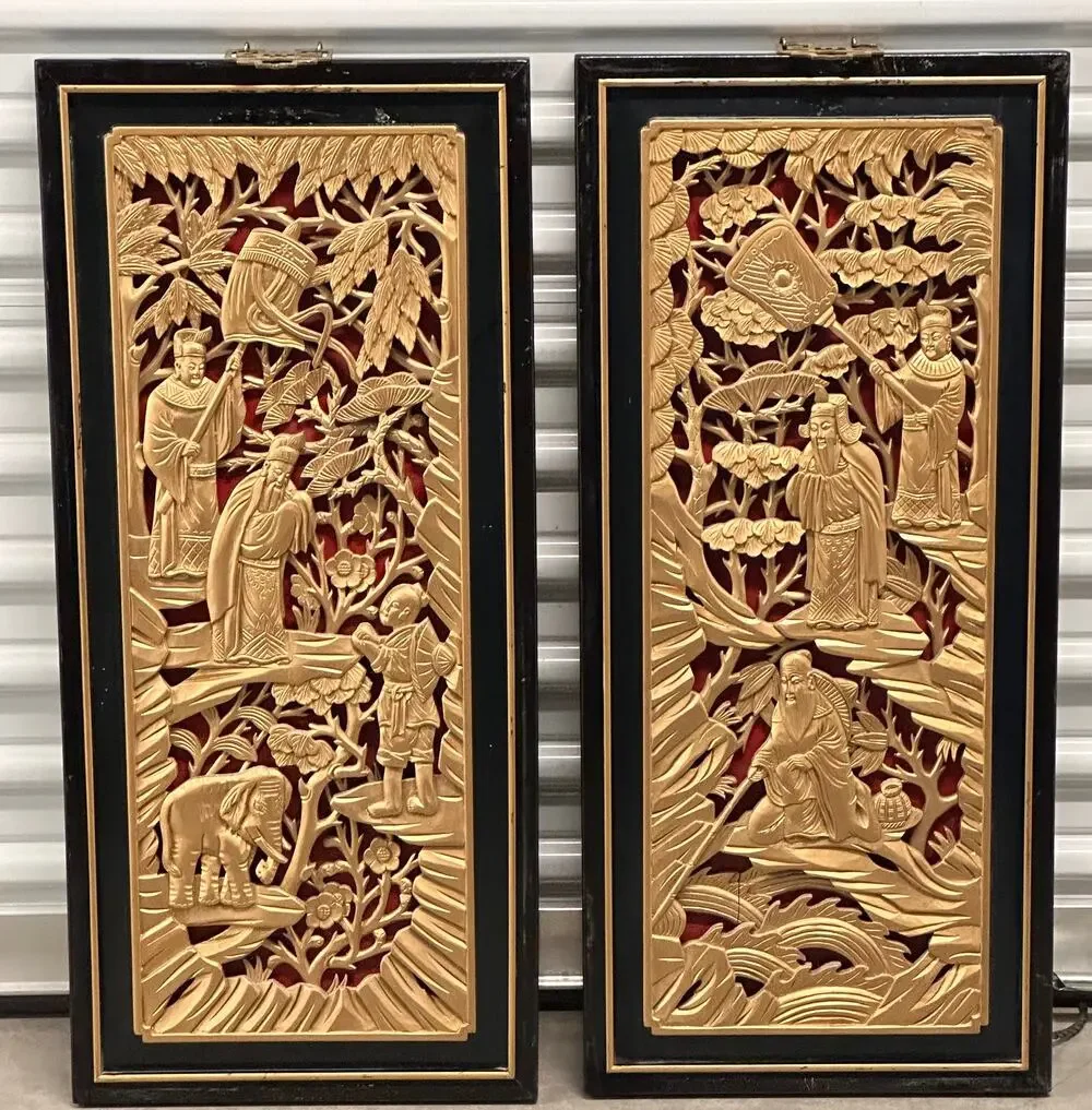 Chinese Gilded Hand-Carved Wood Lacquer Scholars Relief Wall Decor Panel Set